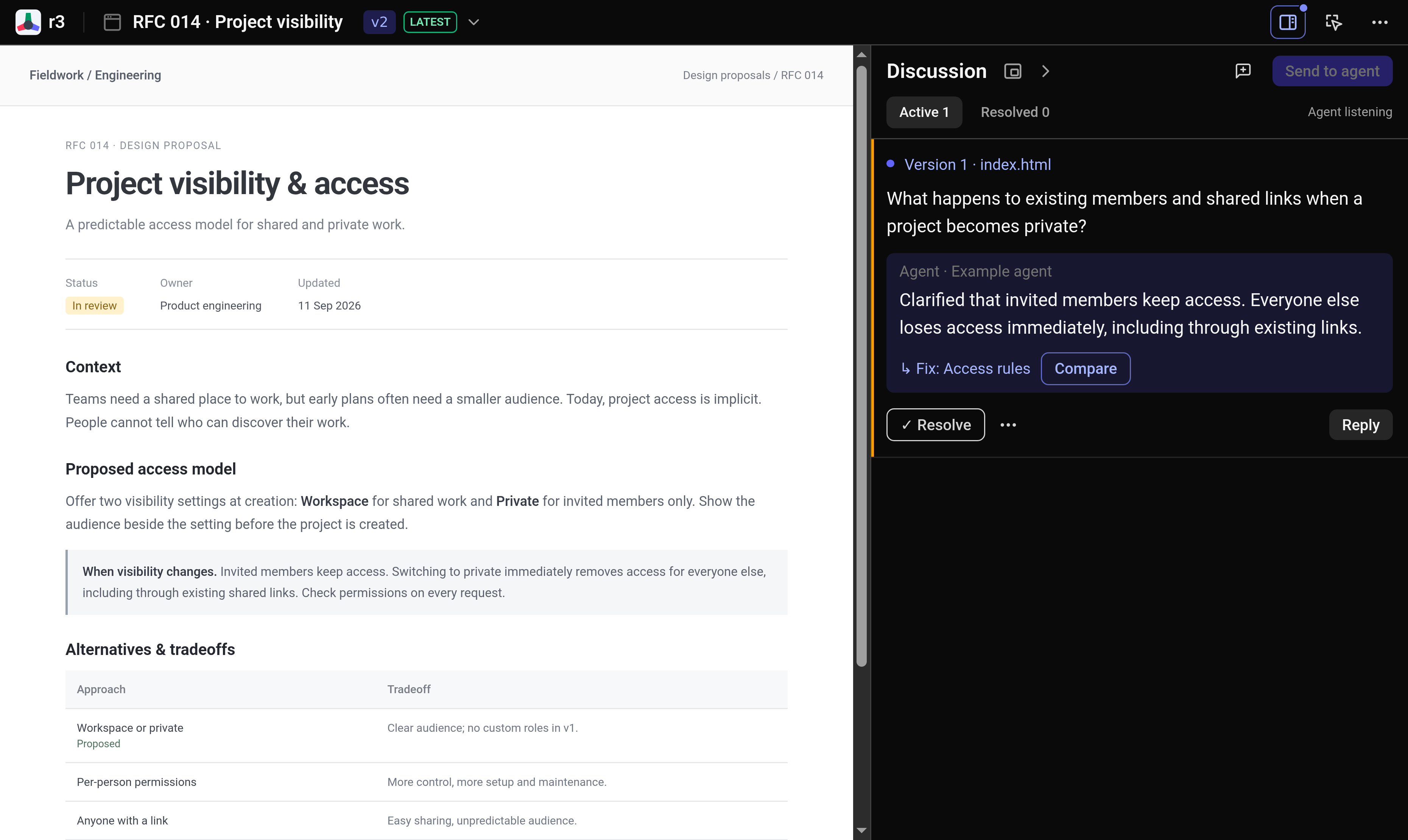 Design doc in the real r3 workspace, with the agent’s revision and a linked feedback thread.
