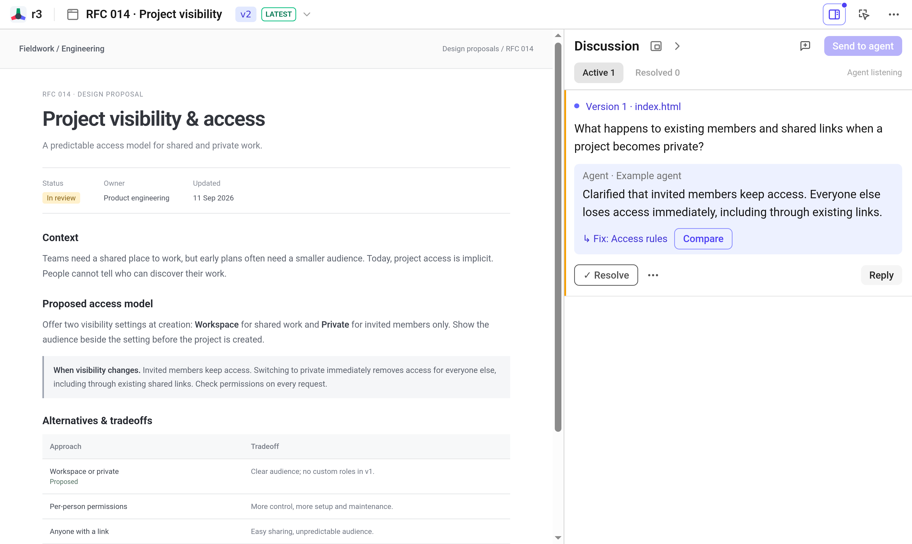Design doc in the real r3 workspace, with the agent’s revision and a linked feedback thread.