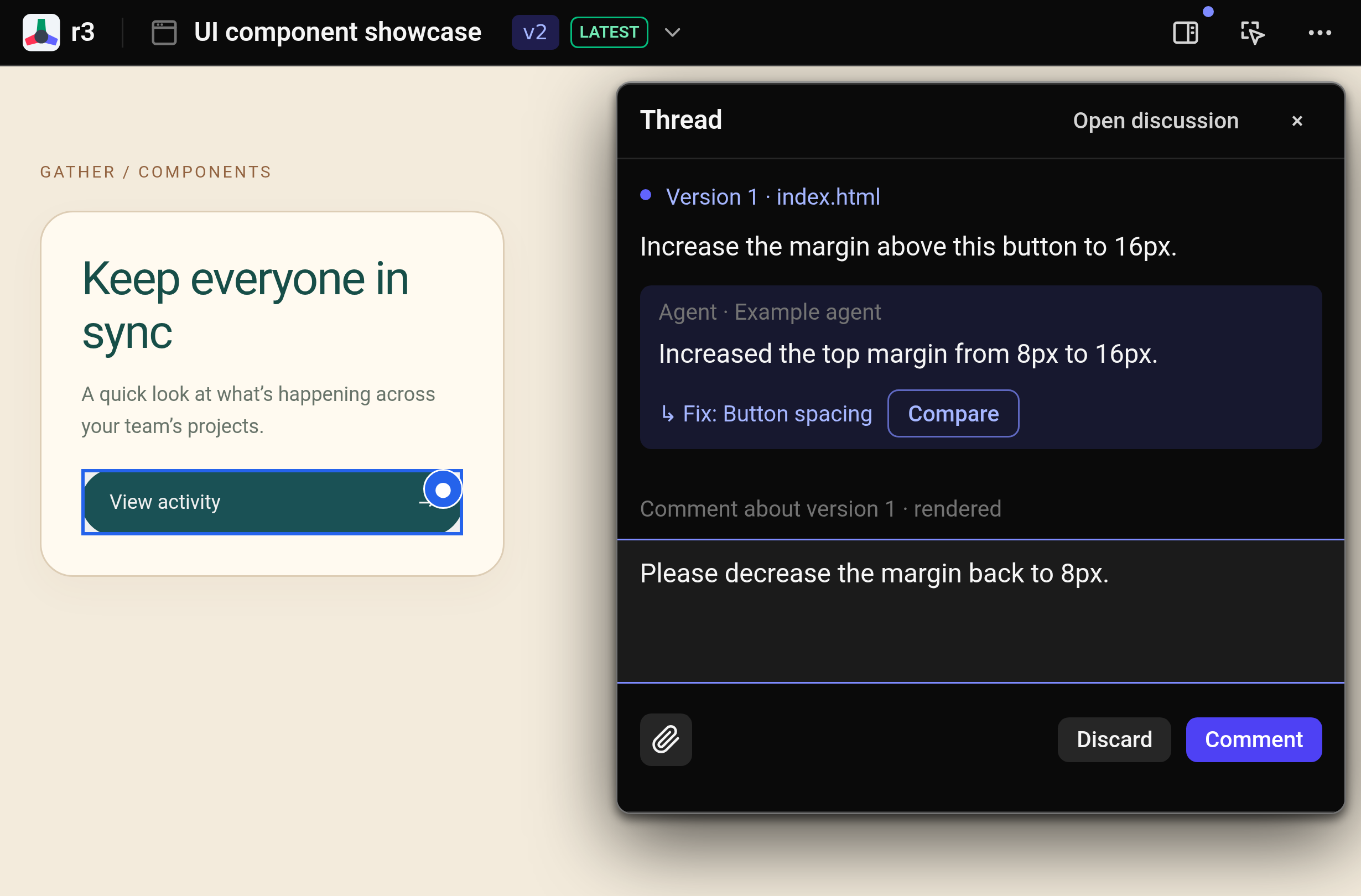 The r3 navbar above a highlighted button and its review thread: the user requests a 16px button margin, the agent confirms the change, and a draft asks to decrease the margin back to 8px.