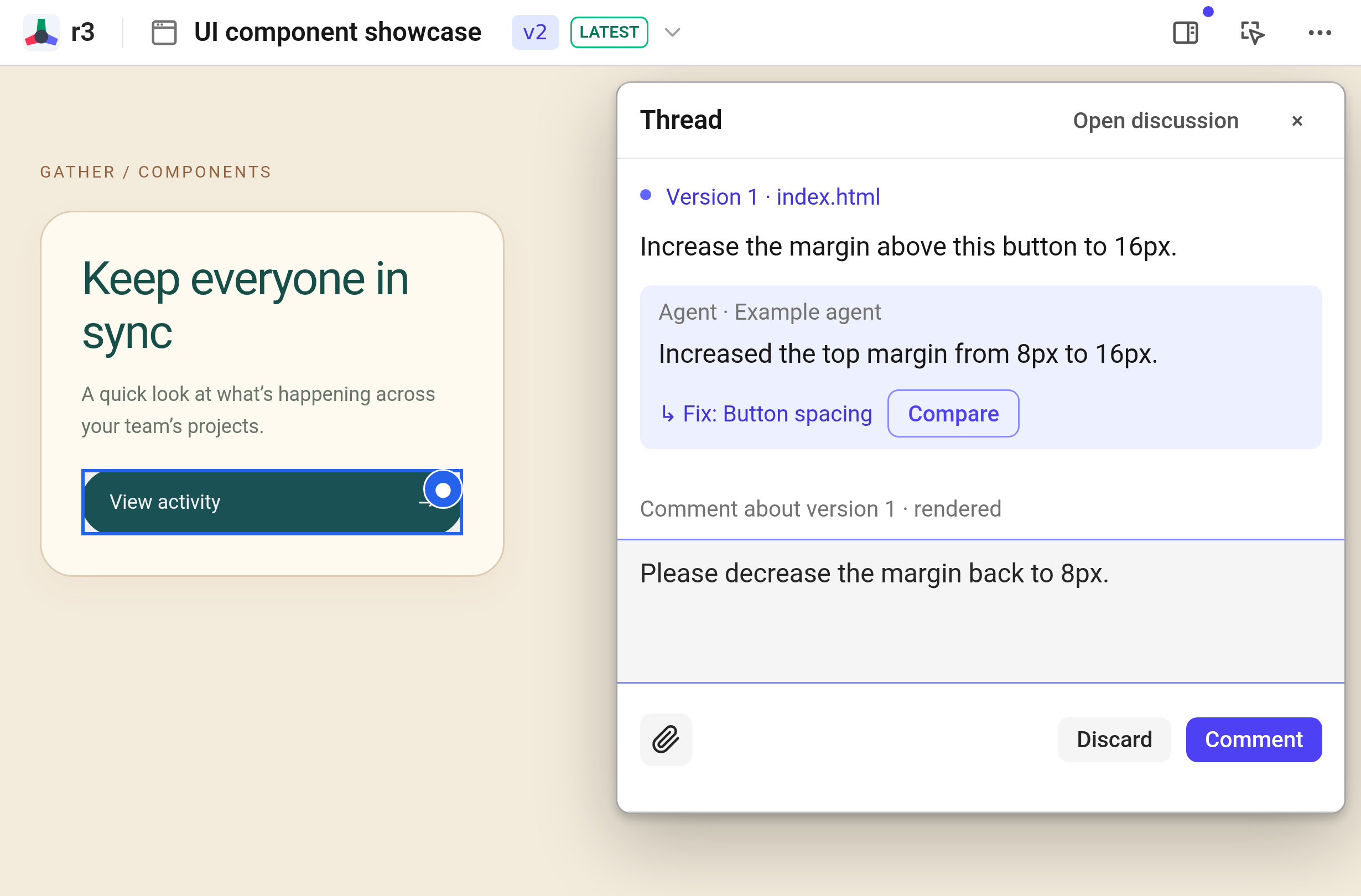 The r3 navbar above a highlighted button and its review thread: the user requests a 16px button margin, the agent confirms the change, and a draft asks to decrease the margin back to 8px.