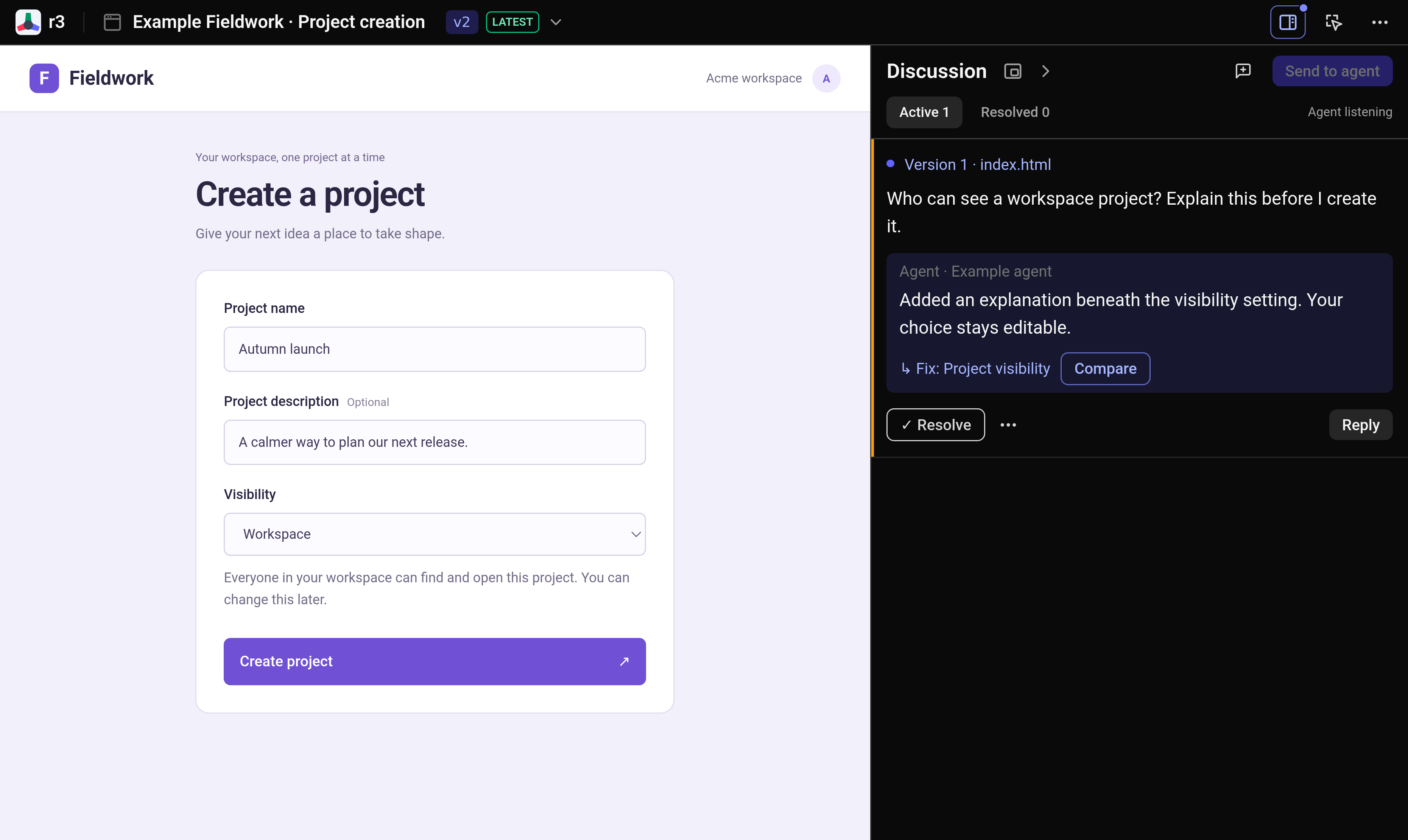 UI Prototype in the real r3 workspace, with the agent’s revision and a linked feedback thread.