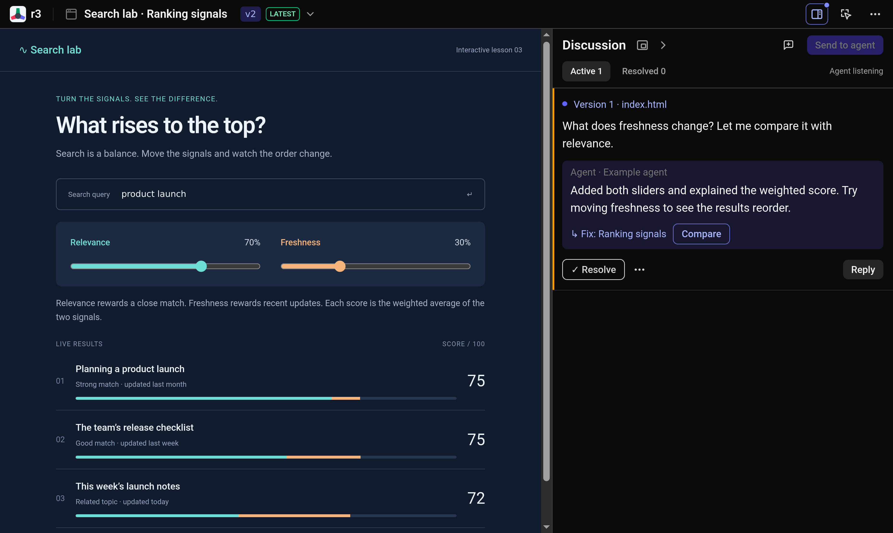 Explainer in the real r3 workspace, with the agent’s revision and a linked feedback thread.