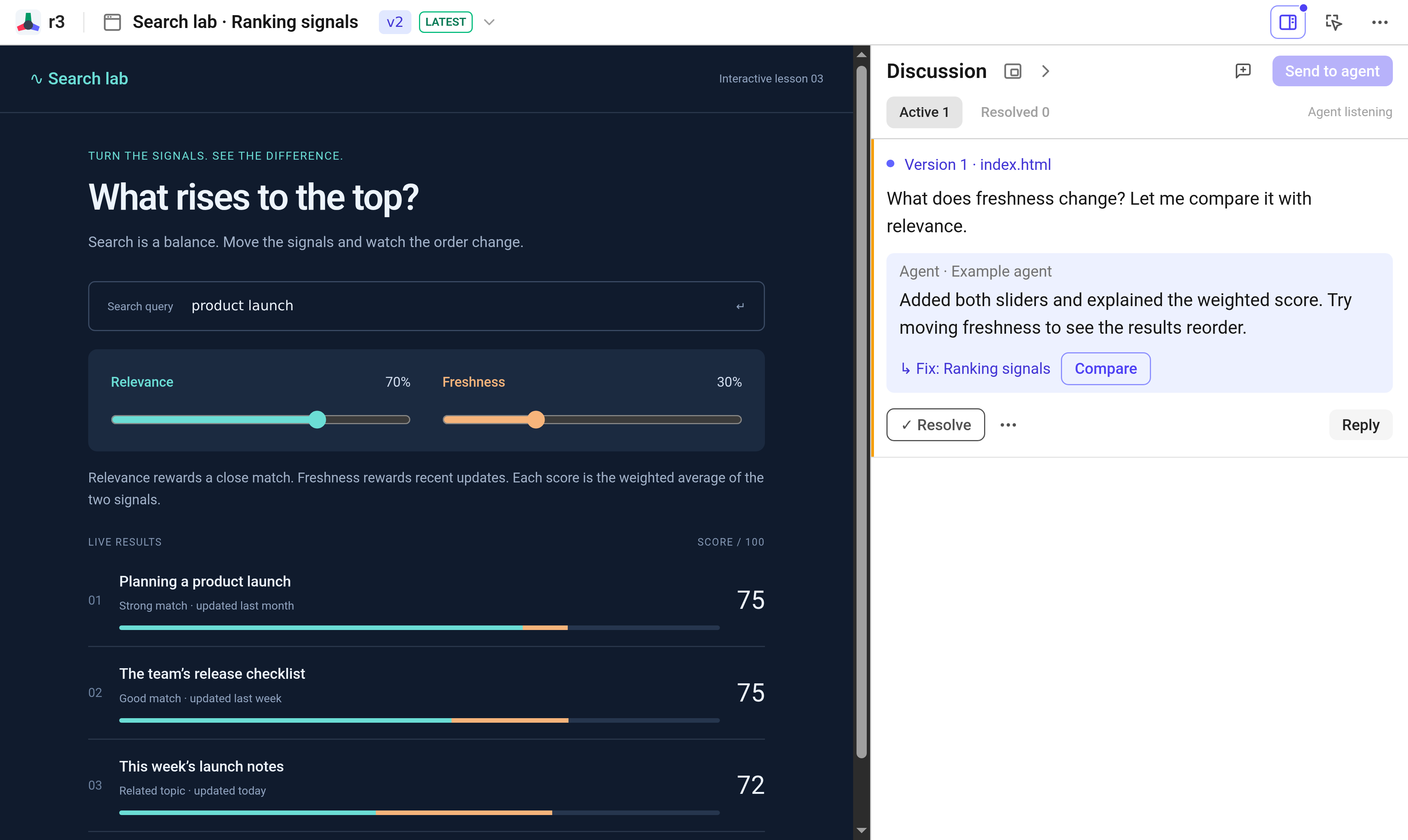 Explainer in the real r3 workspace, with the agent’s revision and a linked feedback thread.