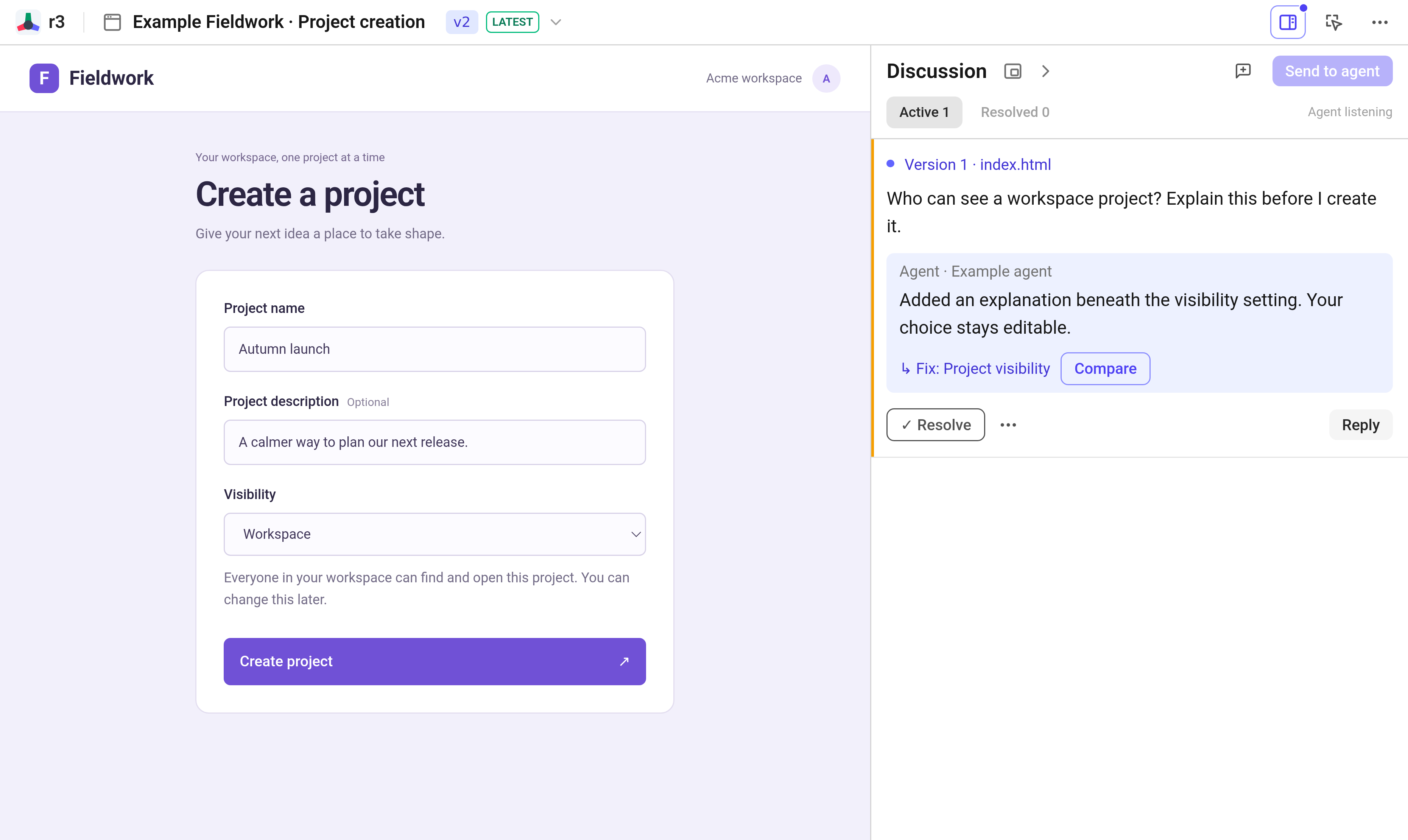 UI Prototype in the real r3 workspace, with the agent’s revision and a linked feedback thread.